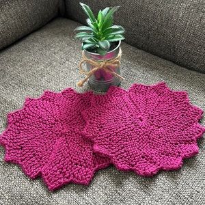 Set of Two 100% Cotton Hand Knitted Magenta Star Dishcloth Granny Cottage Core